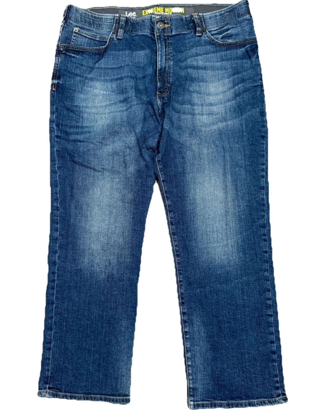 Lee Extreme Motion Straight Fit Tapered Leg Denim Jeans 40 X 30 Whiskered Blue